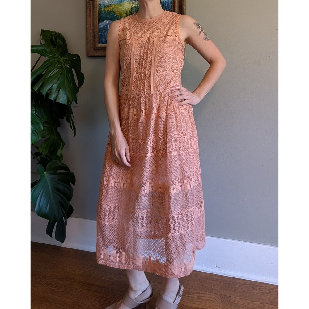Xhilaration Crochet Lace Midi Dress Med Peach Eyelet Festival Boho Hippie Brunch